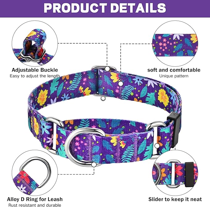 Hikiko Martingale Collar for Dogs with No Buckle Flower Dog Collars Pretty Cute Purple Dog Collar for Extra Small Dogs,Colourful Blossoms,XS