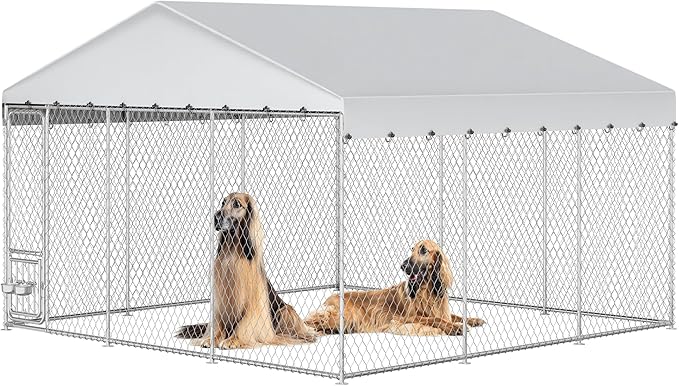 YITAHOME 14.8'x14.8' Large Outdoor Dog Kennel with Rotating Feeder Bowls, Outdoor Dog Enclosure with Roof, Heavy Duty Dog Cage for Large Dogs