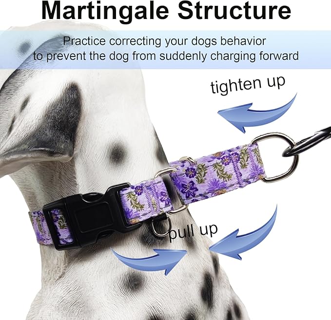 Reflective Martingale Collar for Dogs with Quick Release Buckle Cute Girl Female Flower Dog Collars (Lavender Floral, Large)