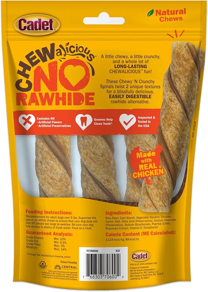 Cadet Chewalicious Chewy 'N Crunchy Spiral Dog Treats, Limited Ingredient, Rawhide-Free, Long-Lasting Chews for Dogs Made with Real Chicken, 3 Count, Pack of 4