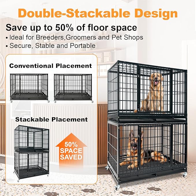 Homey Pet Heavy Duty Dog Crates for Large Dogs, 47 Inch Stackable Large Dog Crate Cage with 4 Wheels, 2 Removable Trays and Grids, 2 Bowls, Multi Locks Strong & Solid Escape Proof Dogs Kennel Indoor