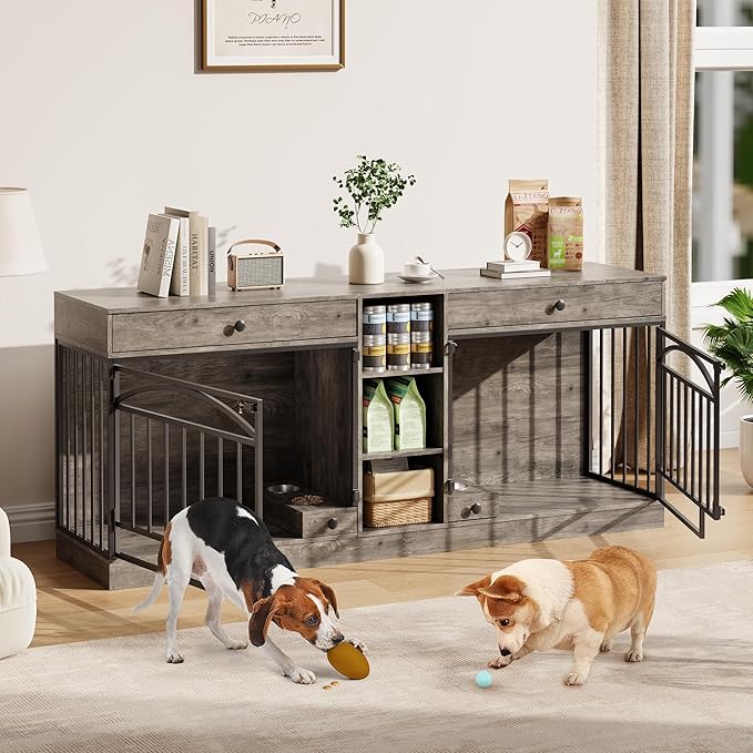 IDEALHOUSE 78.7" Double Dog Crate Furniture with Storage and 2 Doors, Dog Kennel Indoor with Feeding Bowls, Wood Dog Crate TV Stand for Small Medium Dogs, Grey