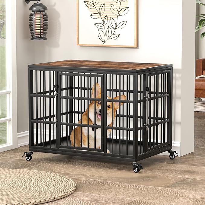 VERIFURTY 30 Inch Heavy Duty Dog Crate Furniture with Self-Locking Latch for Medium and Small Dogs, Escape-Proof Dog Kennel Furniture Indoor, Decorative Pet Cage End Table, Rustic Brown