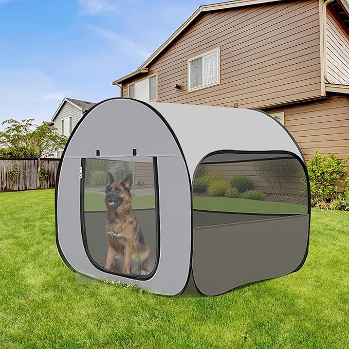 LUCKITTY Pop-Up Dog Kennel Enclosure Large - Large Portable Outdoor Pet Crate with Carry Bag, Waterproof Travel Carrier for Camping Home, Grey