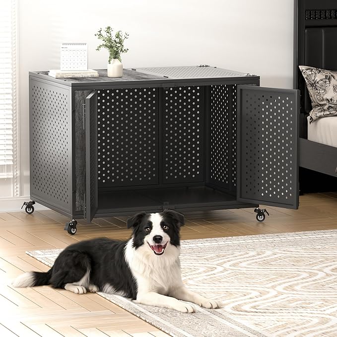42" Heavy Duty Dog Crate Furniture for Large and Medium Dogs, Enclosed Design with 0.5 inch Holes, Indestructible Metal Kennel for High Anxiety Dogs, Chew Proof Pet House Cage Indoor