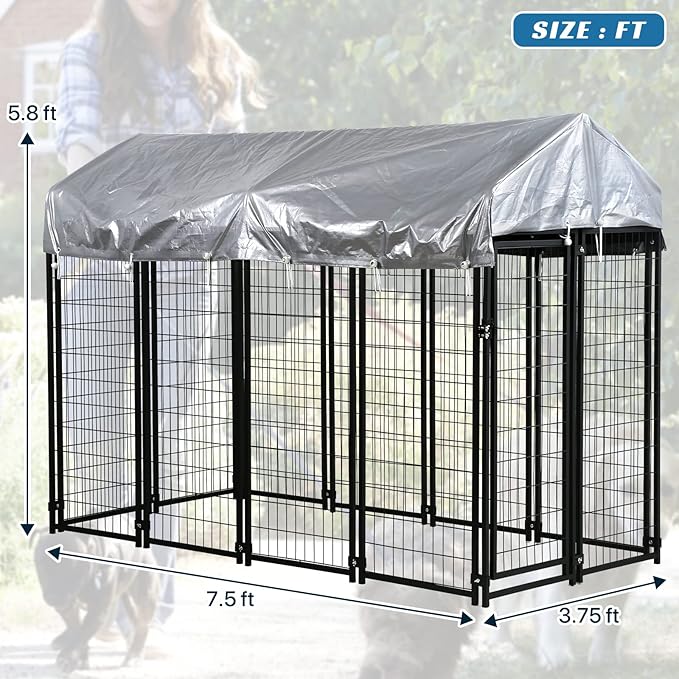 Large Dog Kennel Outdoor 8'L x 4'W x 6'H, Extra Large Welded Wire Pet Cage Playpen with UV Protection Waterproof Roof Heavy Duty Galvanized Metal Dog Run Enclosure for Outside