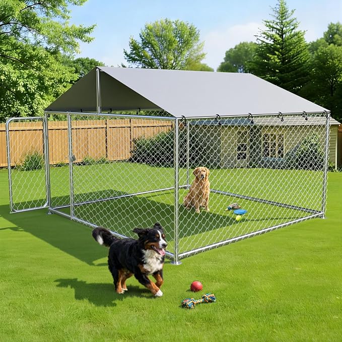 8.3x8.3 ft Outdoor Dog Kennel Outside with Waterproof UV-Resistant Cover, Heavy Duty Dog Enclosure House with Steel Fence and Secure Lock for Dogs