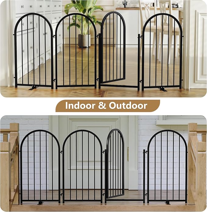 Full Metal Dog Gate with Door for Indoor Outdoor, 32" Tall Free Standing Pet Dog Fence, 72" Extra Wide Pet Gates for Stairs, Hallways, Doorways, Kitchen, Decks, Yards (Black, 4 Panels)