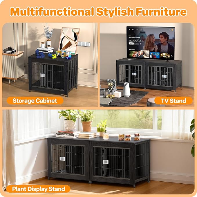 Furniture Style Dog Crate, 27" Wooden Dog Kennel End Table with Solid Top, Indoor Pet Crate House with Secure Slide Lock, Modern Dog Cage Furniture for Small & Medium Dogs, Black