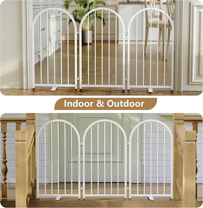 Full Metal Dog Gate for Indoor Outdoor, 32" Tall Free Standing Pet Dog Fence, 54" Wide Arched Pet Gates for Stairs, Hallways, Doorways, Kitchen, Decks, Yards (White, 3 Panels)