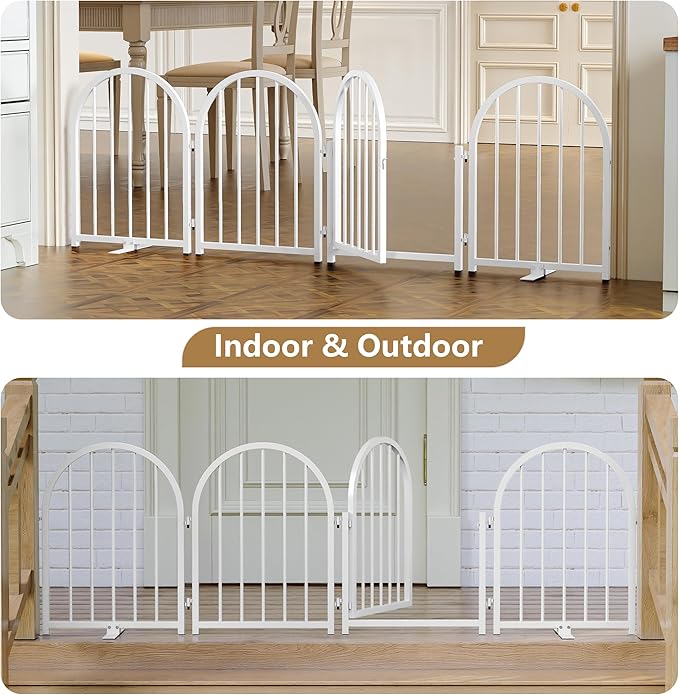 Full Metal Dog Gate with Door for Indoor Outdoor, 24" Tall Free Standing Pet Dog Fence, 72" Extra Wide Pet Gates for Stairs, Hallways, Doorways, Kitchen, Decks, Yards (White, 4 Panels)