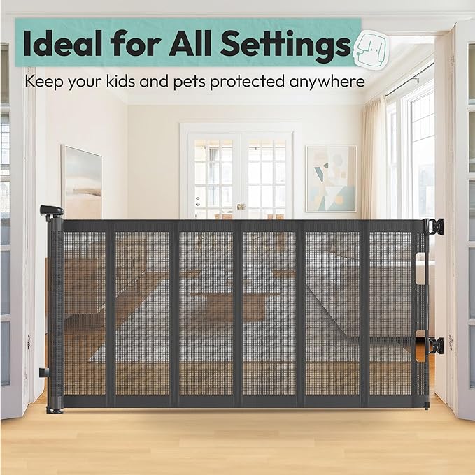34" H Tall Mesh Dog Gate Extends Up to 120" W Retractable Pet Gate with Drill Installation, Preventing Crawling Through for Stairs, Doorways, Indoor & Outdoor (Gray)