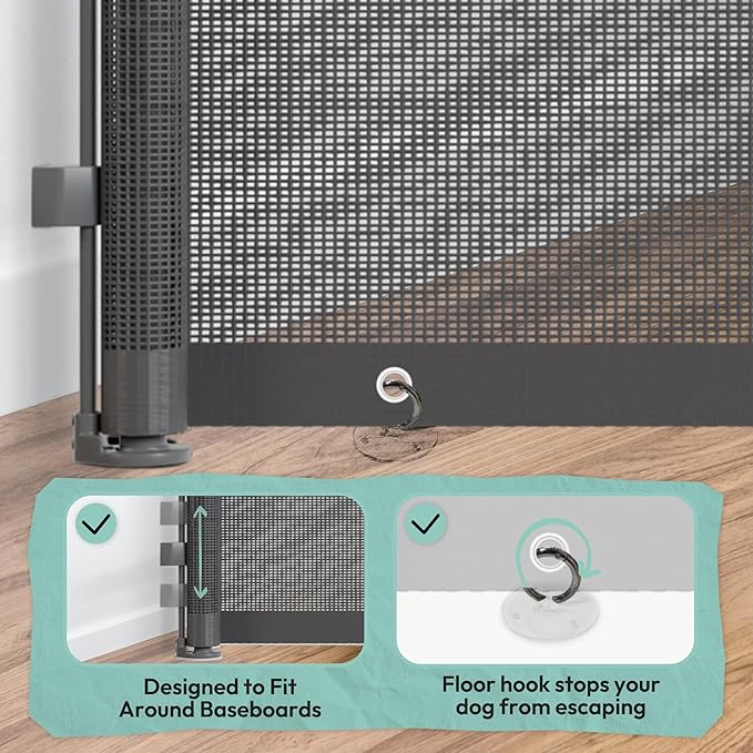 15.7" H Mesh Short Dog Gate, Extends Up to 59" W Retractable Pet Gate with Drill Installation, Small Dog Gate for Stairs, Easy Step Over Low Puppy Gate for Doorways Indoor Outdoor, Grey