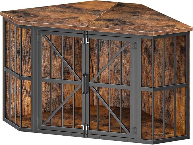 44" Corner Dog Crate Furniture, Corner Dog Kennel Furniture with X-Design Metal Frame, Corner Dog Crate TV Stand for Medium Dogs, Pet Crates Corner End Table, Rustic Brown and Black TGW03BF