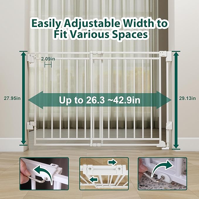 26.5-43" No Bottom Bar Baby Gate for Stairs and Doorways, 29" Tall Hardware-Mounted Baby Gate for Top and Bottom Stairs, Auto-Close Dog Gate Indoor with Extra Wide Walk Thru