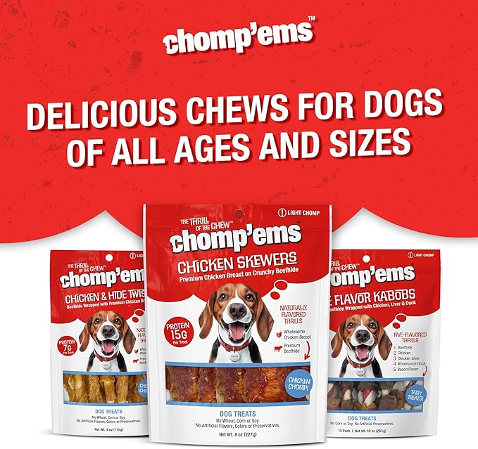 Chomp'ems Chicken Skewers, 8 oz - All Natural Rawhide Wrapped with Premium Chicken Breast - Healthy, Protein Rich Treats for Dogs - Dog Chews