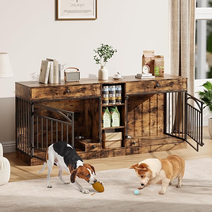 IDEALHOUSE 78.7" Double Dog Crate Furniture with Storage and 2 Doors, Dog Kennel Indoor with Feeding Bowls, Wood Dog Crate TV Stand for Small Medium Dogs, Brown