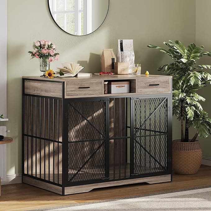 Dog Crate Furniture with Drawers, 44 Inch Heavy Duty Indoor Dog Kennel, Wooden Pet Crate End Table with Double Doors, Storage Compartment for Small Medium Large Dogs, Vintage Brown and Black