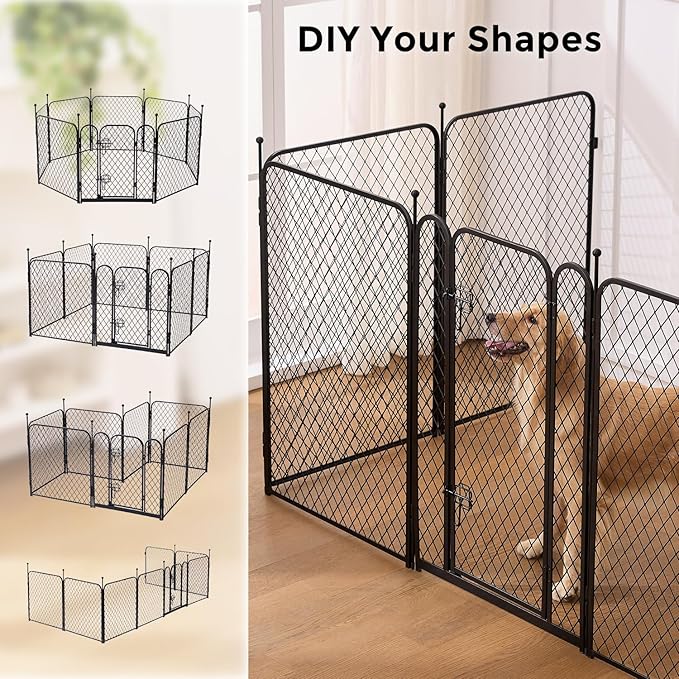 Paw Safe Playpen for Indoor Small Dogs, 24 Inch 8 Panels Anti-Pinch Diamond Mesh Dog Fence, Metal Stable Dog Play Pen with Door, Portable Pet Playpen for Outdoor RV Camping Yard Garden