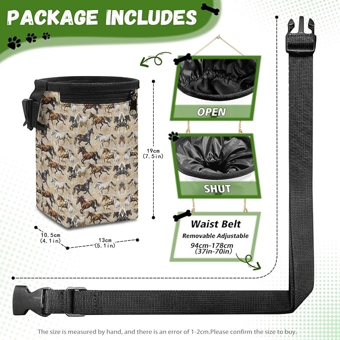 Running Horses Pet Treat Pouch Dog Treat Bag Pet Training Treat Bag Dog Treat Carrier Holder Pet Feed Snack Reward Bag with Waist Belt Shoulder Strap
