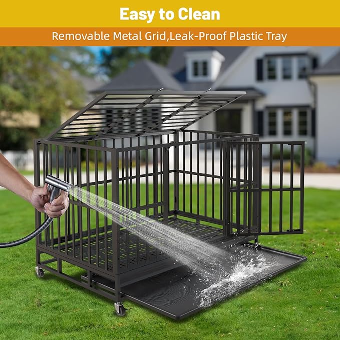Escape-Proof Heavy Duty 42" Dog Crate, Indestructible Steel Kennel for Large & High-Anxiety Dogs with 300Lbs Capacity, Double Door Design with 4 Locking Wheels and Reinforced Baseplate.