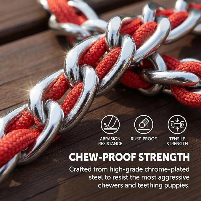 Chew Proof Metal Dog Leash with Built-in P-Chain Collar - 2FT/4FT for Small/Medium/Large Dogs (30-150lb), Anti-Bite Chain Link with Soft Padded Handle, 360° Rotating Clasp Red