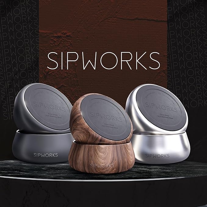 Sipworks Stainless Steel Dog Bowl β 32oz Weighted Metal Food and Water Bowls for Dogs and Cats with Non-Slip Base - Pet Bowls for All Breeds Sizes for Travel & Outdoor Play - Mahogany