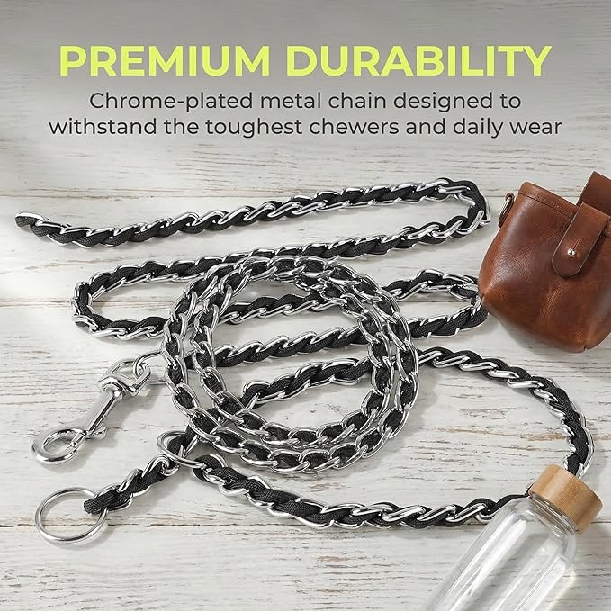 Chew Proof Metal Dog Leash with Built-in P-Chain Collar - 2FT/4FT for Small/Medium/Large Dogs (30-150lb), Anti-Bite Chain Link with Soft Padded Handle, 360° Rotating Clasp Black