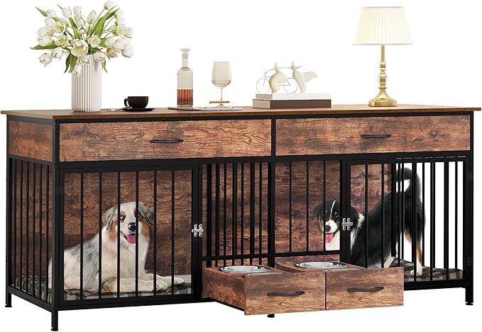 YITAHOME 74.8" Double Dog Crate Furniture with Dog Feeder, Heavy Duty Indoor Dog Kennel TV Stand with Drawers, Sturdy Dog Kennel with Divider for 2 Medium Large Dogs, Brown