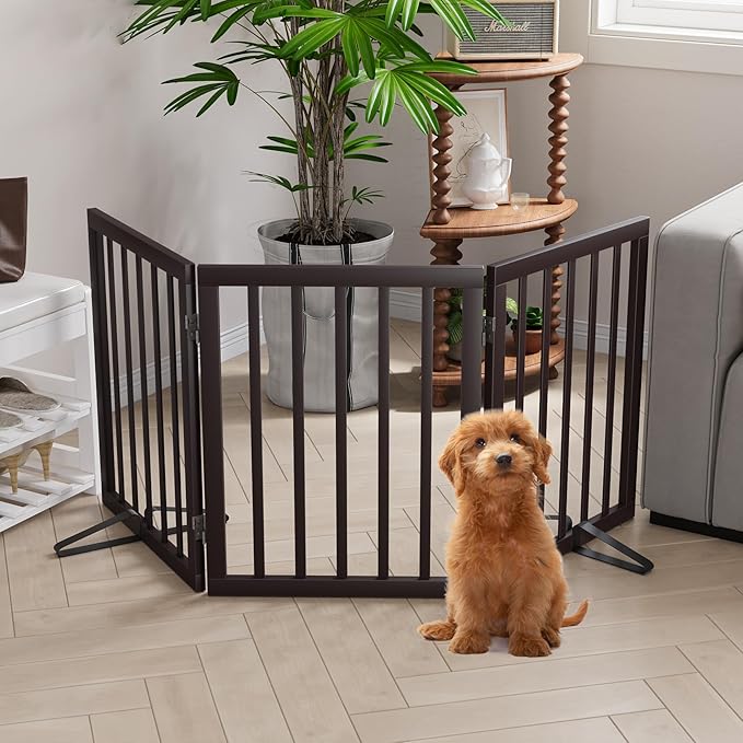 Semiocthome Bamboo Dog Gates Indoor 3-Panel Freestanding Puppy Gates for The House with 2 Metal Stands 24" H Folding Wood Pet Gate for Stairs Doorway Expands Up to 55" Fully Assembled Espresso