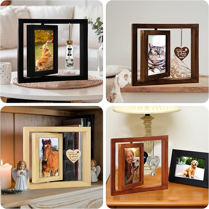 Pet Memorial Rotating Wooden Picture Frame with 4x6 Photo, Dog Cat Angel Wings Sympathy Ornament Crystal Rainbow You Left Pawprints on My Heart, Dog Bereavement Remembrance Gifts In Loving Frame PR-4R