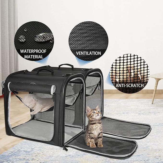 Large cat Carrier Soft-Sided Portable Pet 2 Cats Travel Double Dog Crate Set with Portable Carry Bag/Hammocks/Mats/Tent Stakes/2 Pcs Pet Bowls for Outdoor Camping