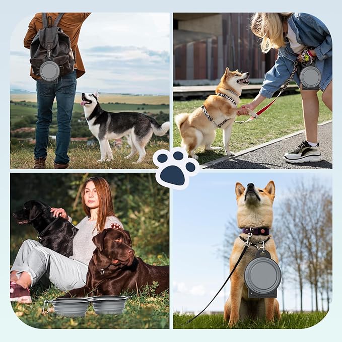 Pawaboo 2-in-1 Collapsible Dog Bowls, Dual Puppy Food and Water Bowls, 180° Flip Over Portable Silicone Dog Bowl with Metal Hook, 450ml Pet Travel Feeder Bowl for Walking Hiking Camping, Gray