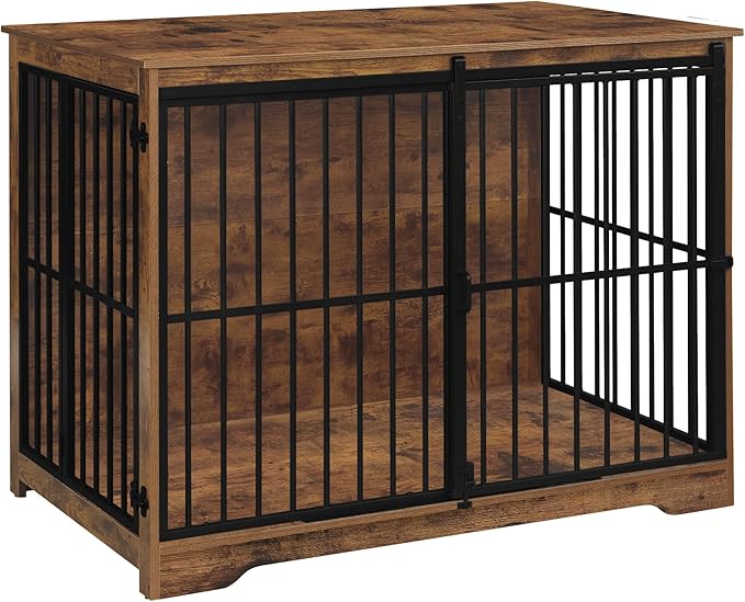 XXL Large Dog Crate Furniture, 46.9" Indoor Dog Kennel Furniture with Barn Door, Wooden Tall Dog Crate, Heavy Duty Dog Cage for Large Dogs, Side End Table, Anti-Chew, Rustic Brown DFC83801B