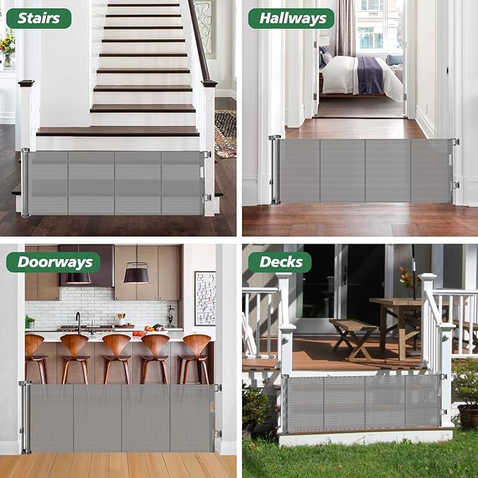 24" Tall X 120" Extra Wide Retractable Baby Gates, Short Dog Gates to Step Over, Reinforced Long Mesh Pet Gate with Support Rods, Small Puppy Gates for The House, Grey