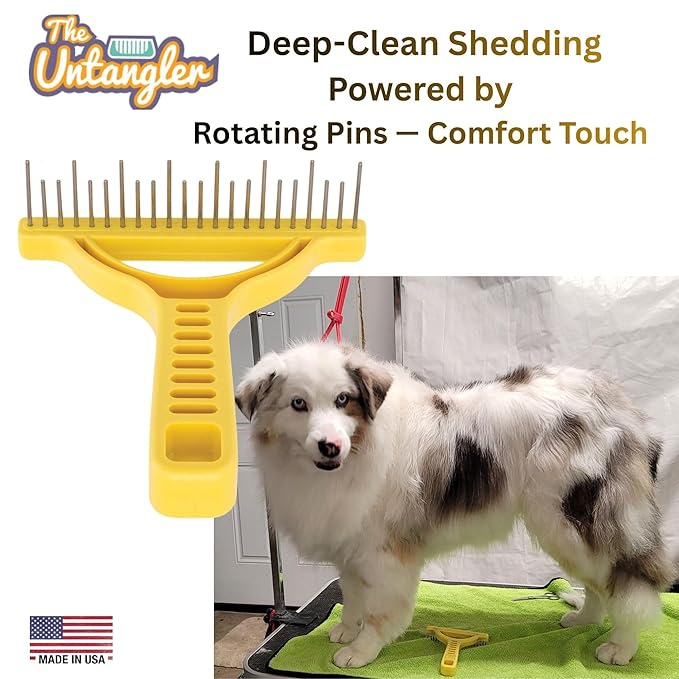 The Untangler Rakes for Grooming and Shedding -silky smooth rotating teeth to easily collect loose hair (Yellow, Shedding)