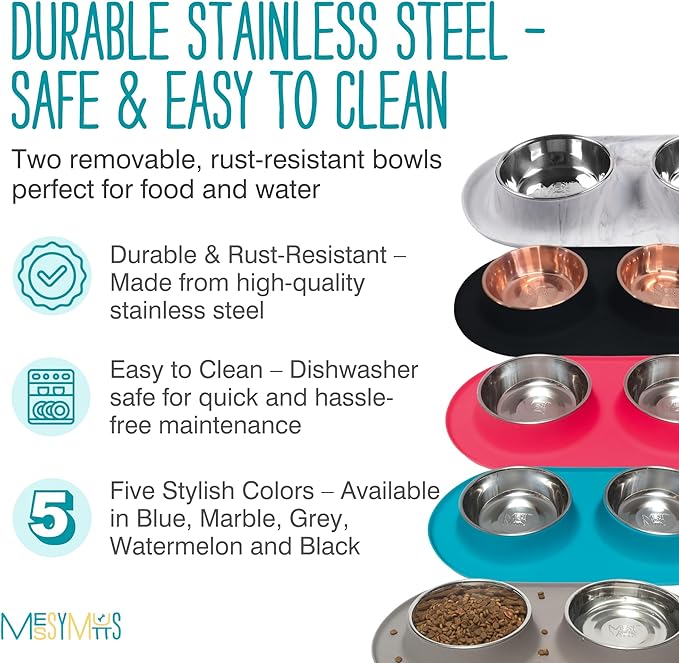 Messy Mutts Double Silicone Feeder with Stainless Bowls | Non-Skid Food Dishes for Dogs for All Pets | Dog Food Bowls | Medium, 1.5 Cups Per Bowl | Blue