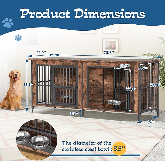 Grepatio 79" Double Dog Crate Furniture for 2 Dogs, Large Dog Kennel with 360° Rotating Feeder Bowls, Indoor Double Dogs Crates with 4 Doors, Wooden Dog Crate TV Stand with Removable Divider