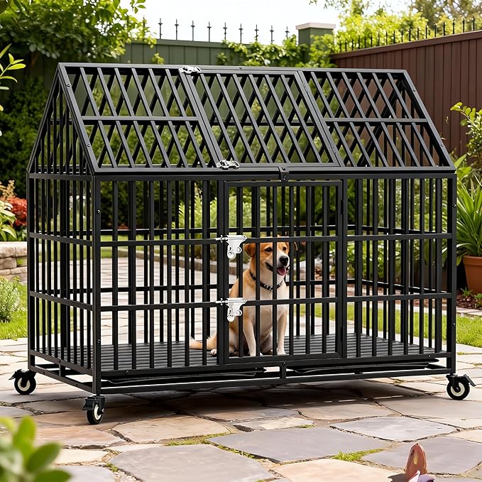 54 inch Indestructible Heavy Duty Dog Crate with 2 Bowls, Escape-Proof Indoor Impact Dog Cage for Large Giant Dogs, High Anxiety Pet Kennel with 2 Trays, 4 Wheels, 4 Locks and Double Door, XL XXL