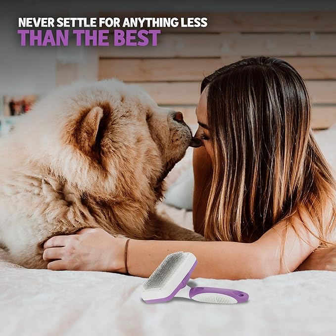 POODLIE Dog Grooming Brush, Self Cleaning Slicker Brush for Dogs and Cats - Removes Tangles, Loose Hair - Poodles, Pomeranians, Yorkies, Soft Pins - Purple