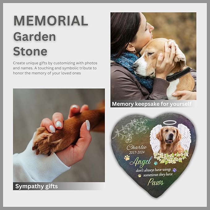 Wrappiness Pet Memorial Stone - Angels Sometimes Have Paws, Personalized Dog Memorial Gifts, Remembrance Condolences Bereavement Gifts for Loss of Pet Custom Photo (Heart 07, Stone)