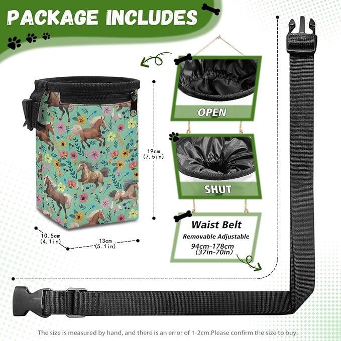 Horse Floral Dog Treat Pouch Versatile Puppy Dog Training Treat Bag Dog Food Dispenser Reward Pouch Perfect for Long Walks Or Training, 3 Ways to Wear, Easily Carrying