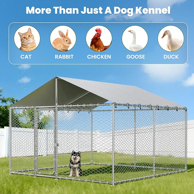 10x10 FT Outdoor Dog Kennel with Waterproof Roof - Heavy Duty Metal Exercise Pen, Weatherproof UV-Resistant Cover & Secure Locking for Large Dogs(124 x 124 x 87IN)