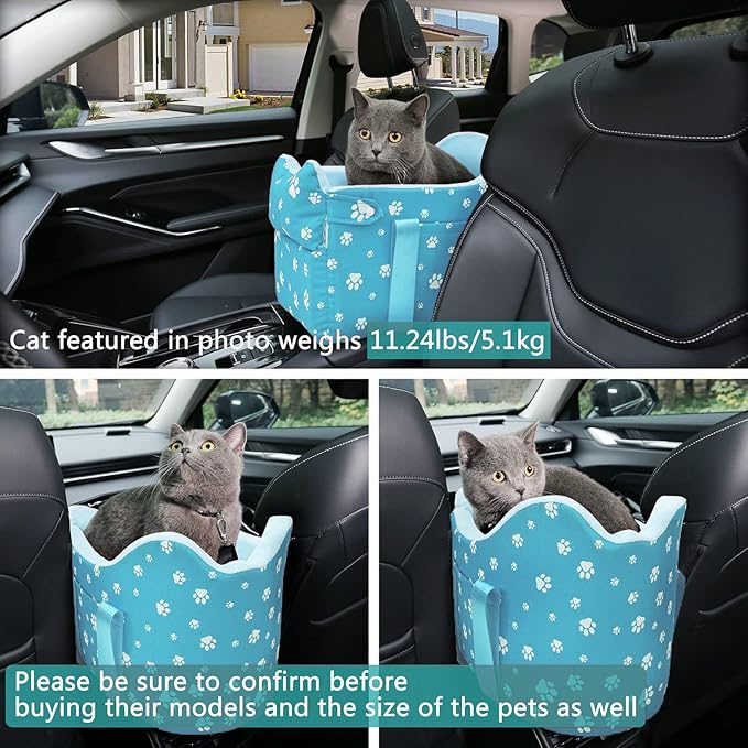 Cullaby Center Console Dog Car Seat for Small Dogs Under 15lbs,Detachable Washable Booster Pet Car Seat Travel Bed with Storage Pockets and Seat Belt(Blue)