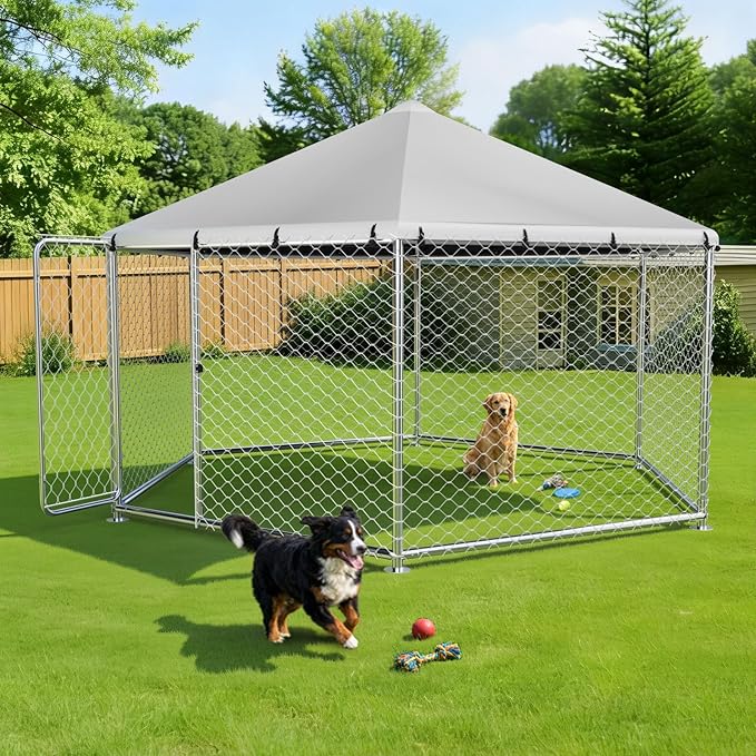 Outdoor Dog Kennel, Heavy Duty Metal Dog Enclosure with Waterproof Oxford Cover & Security Lock, Galvanized Wire Mesh Hexagonal Dog Run for Large Dogs & Small Animals (149.6x149.6x95IN)