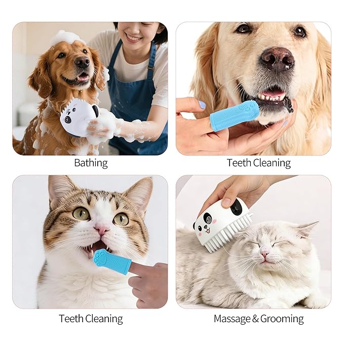 3PCS Pet Grooming Kit – Dog Bath Brush with Soap Dispenser & 2 Finger Toothbrushes | Silicone Dog Shampoo Brush for Dogs & Cats