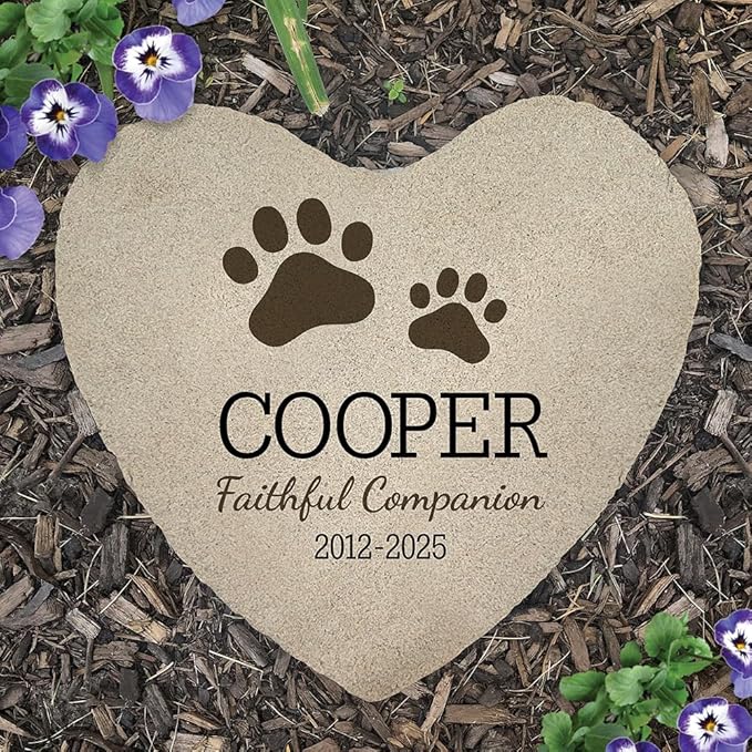 Personalized Heart Pet Memorial Stone with Paw Prints – Custom Engraved Outdoor Grave Marker for Dog or Cat Loss Tribute with Name and Dates