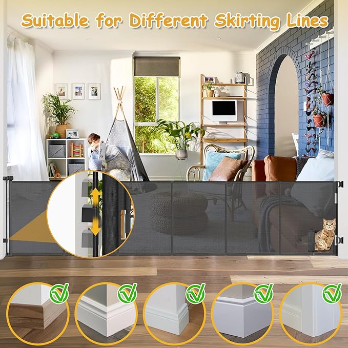 Reinforced 150” Extra Wide Retractable Baby Gate with Cat Door 12.5ft Outdoor Pet Gates for Wide Openings 33 Inch Tall Retractable Dog Gates for Doorways Long Pet Gate Indoor with Cat Door, Black