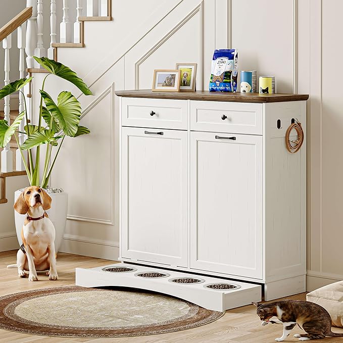 FIMELLO 39.7’’W Dual Doors Dog Food Storage Cabinet, Tilt-Out Dog Feeding Station with 4 Feeding Bowls, Pet Feeder Cabinet, White Grain