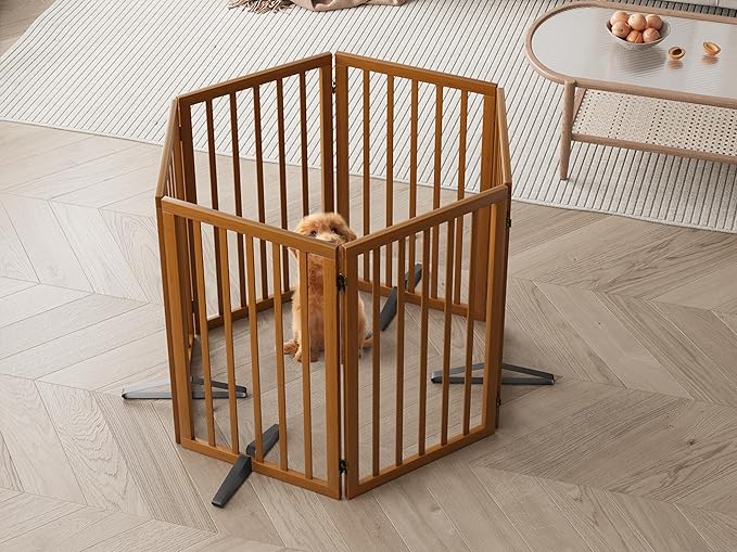 Freestanding Extra Wide Dog Gate Indoor, 6-Panel Wooden Pet Gate with 2 Metal Stands and 360°Hinge, Tall Dog Gates for Doorways, Stairs, Doorways, Kitchen, Foldable Safety Fence, 110"W x 32"H - Walnut